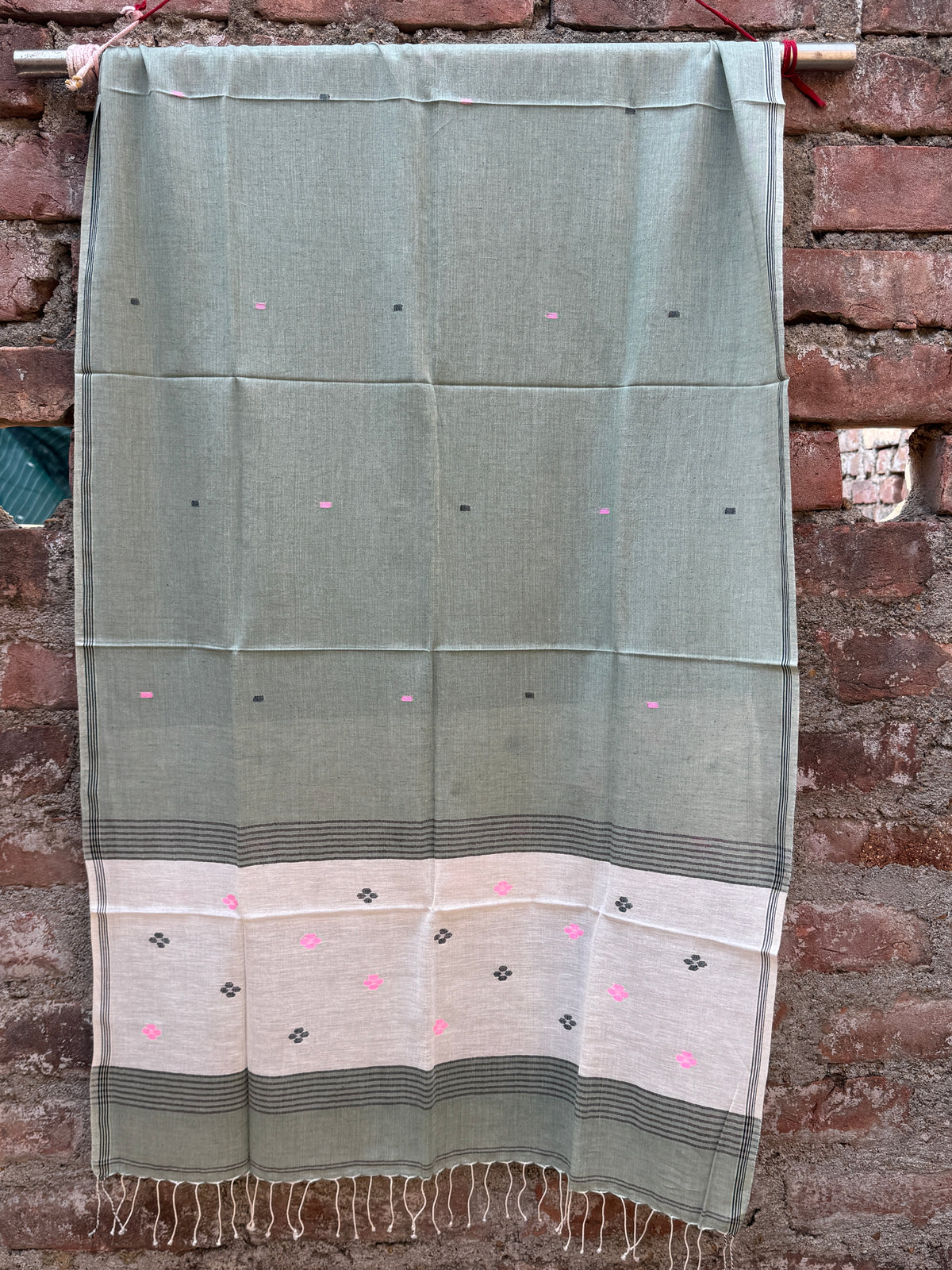 COTTON JAMDANI SCARF MUTED OLIVE GREEN