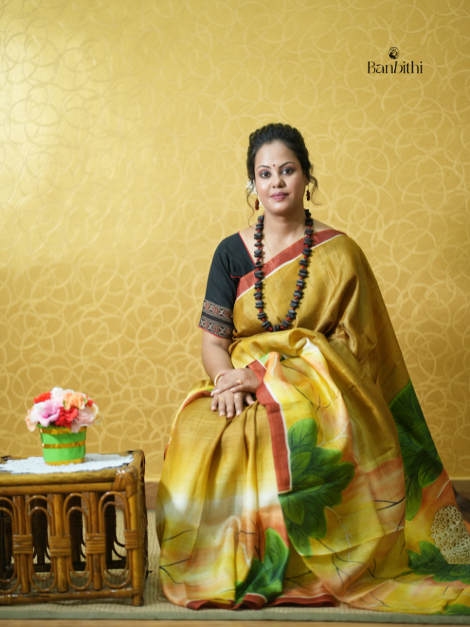 Hand Painted Murshidabad Silk Saree - Buddha