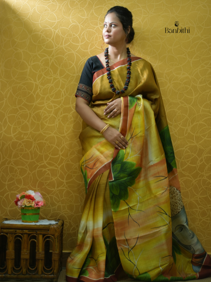 Hand Painted Murshidabad Silk Saree - Buddha