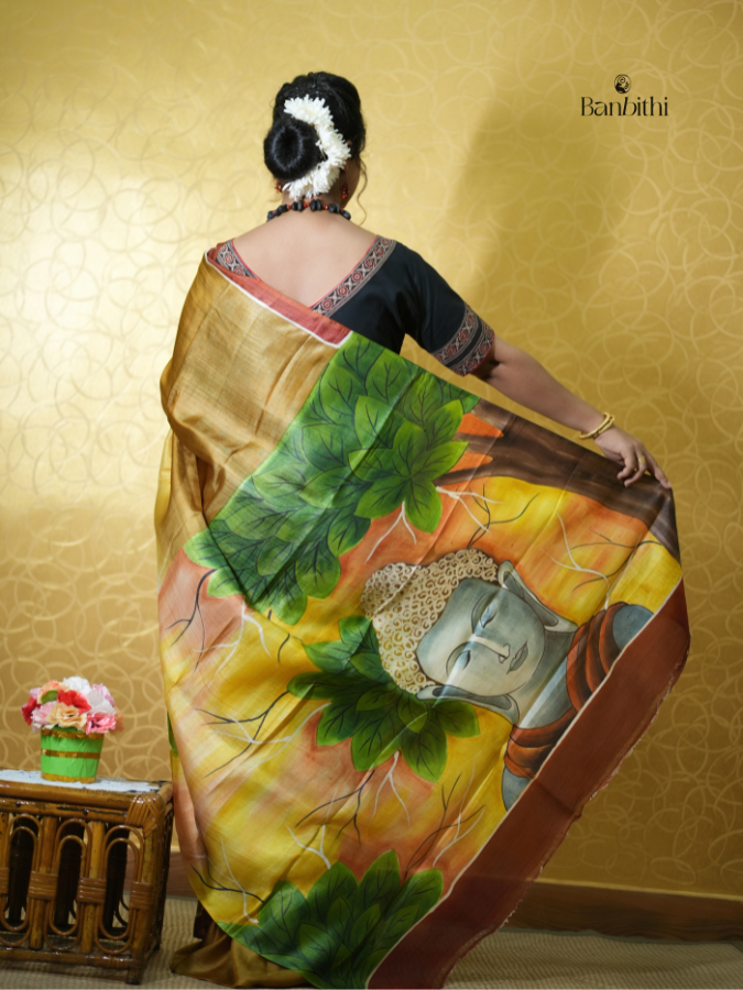 Hand Painted Murshidabad Silk Saree - Buddha