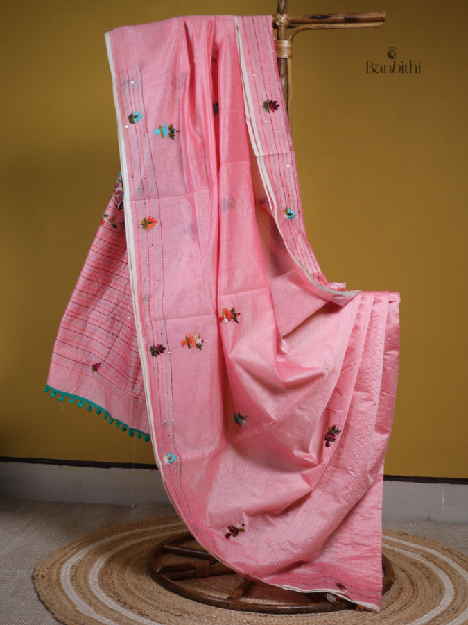 Baby Pink Handcrafted SICO Chanderi Embroidery Saree