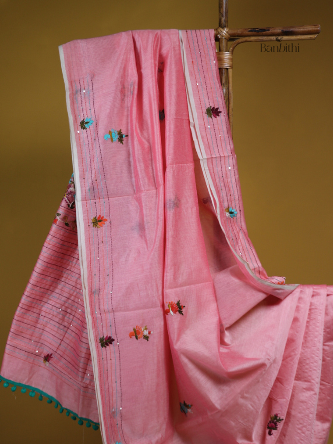 Baby Pink Handcrafted SICO Chanderi Embroidery Saree