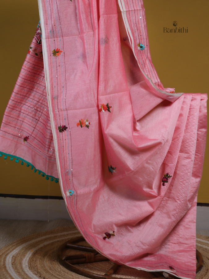 Baby Pink Handcrafted SICO Chanderi Embroidery Saree