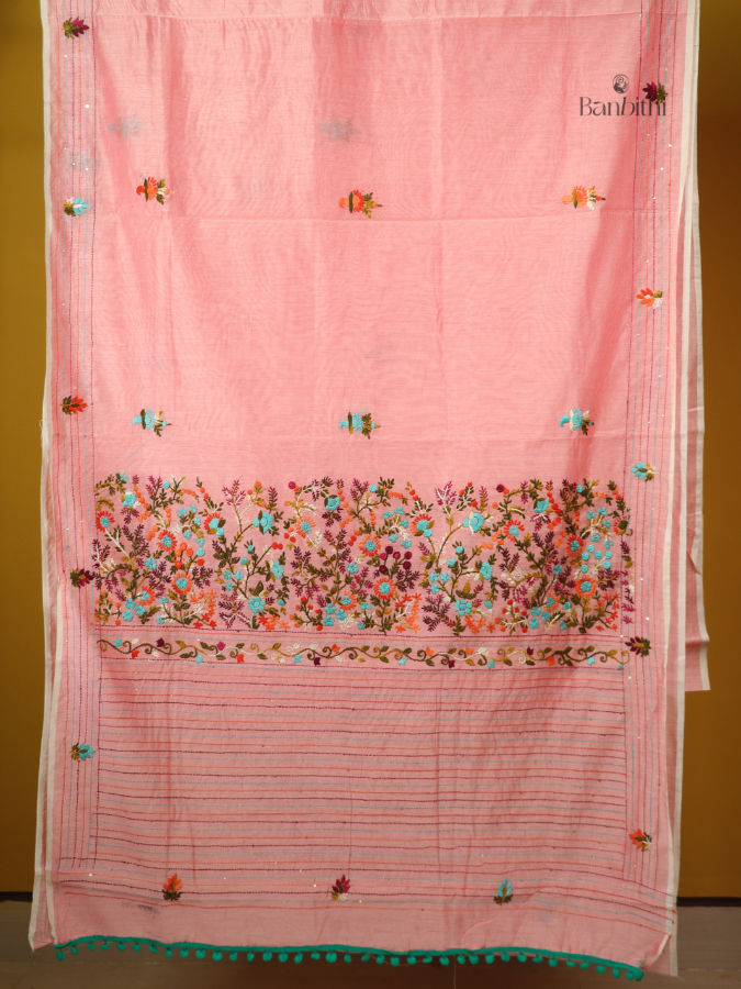 Baby Pink Handcrafted SICO Chanderi Embroidery Saree