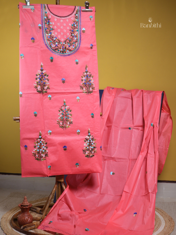 Hand Embroidered Cotton Suit 3 Pcs Set (Baby Pink)
