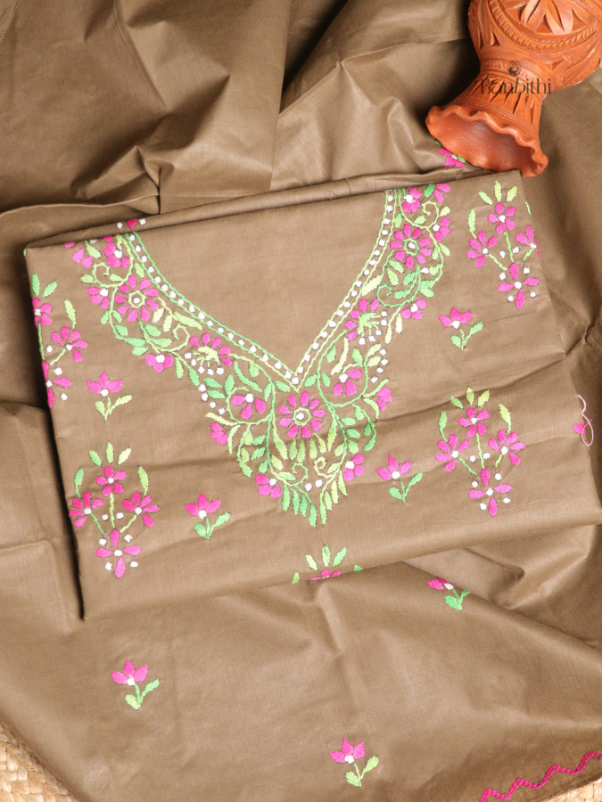 Hand Embroidered Cotton 3-Piece Suit Set – Beige