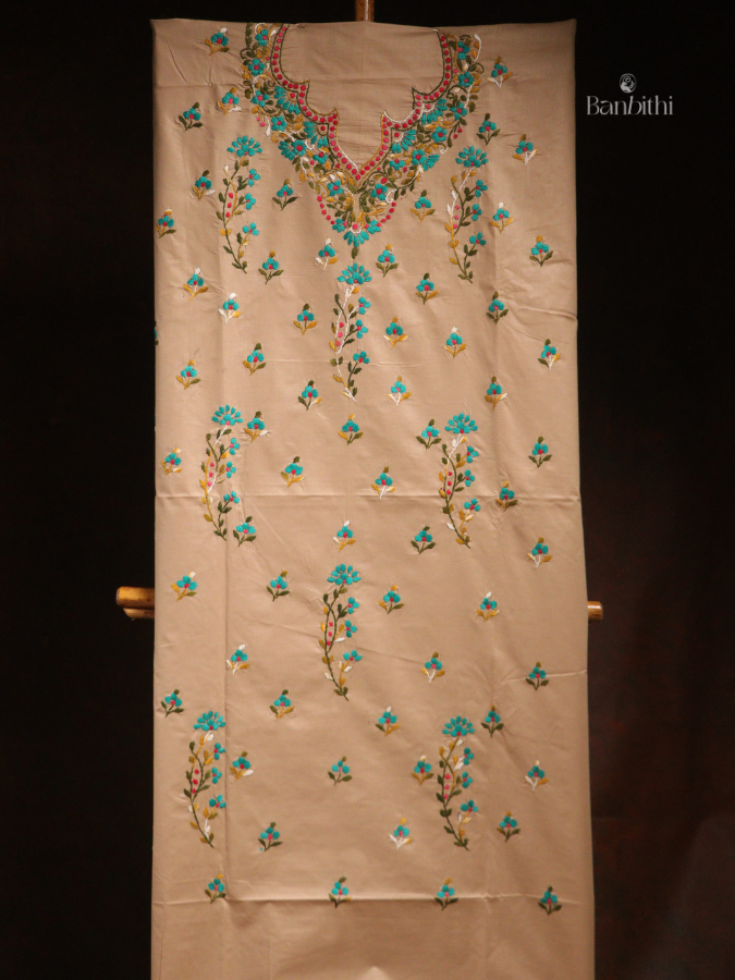 Hand Embroidered Cotton 3-Piece Suit Set – Beige Green