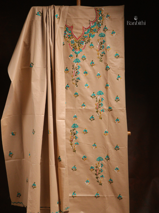 Hand Embroidered Cotton 3-Piece Suit Set – Beige Green