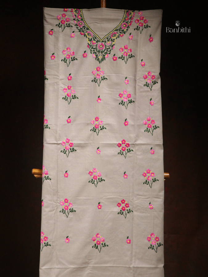 Hand Embroidered Cotton 3-Piece Suit Set – Beige Pink