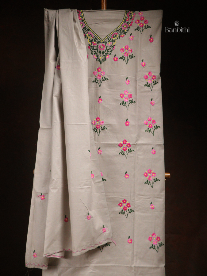 Hand Embroidered Cotton 3-Piece Suit Set – Beige Pink