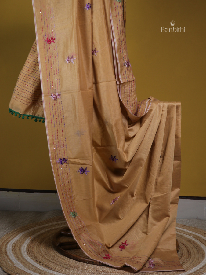 Mustard Yellow Hand Embroidery Saree