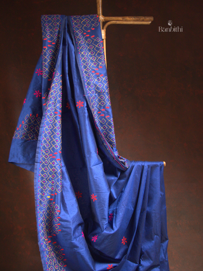 Hand Embroidered Saree – Blue with Pink Thread