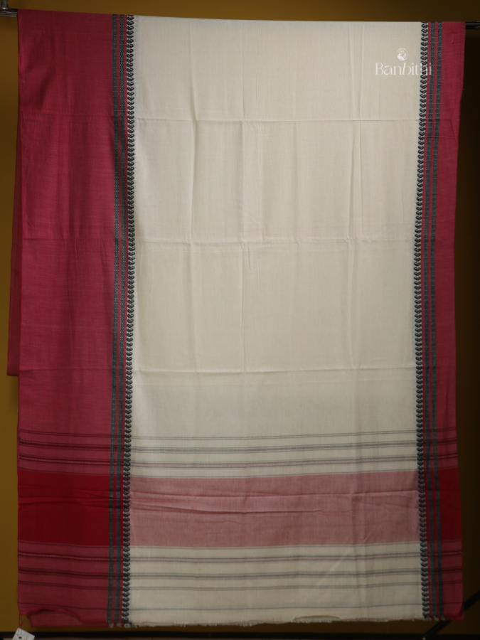 Pure Cotton Handwoven Dhaniakhali Saree – Off White And Red
