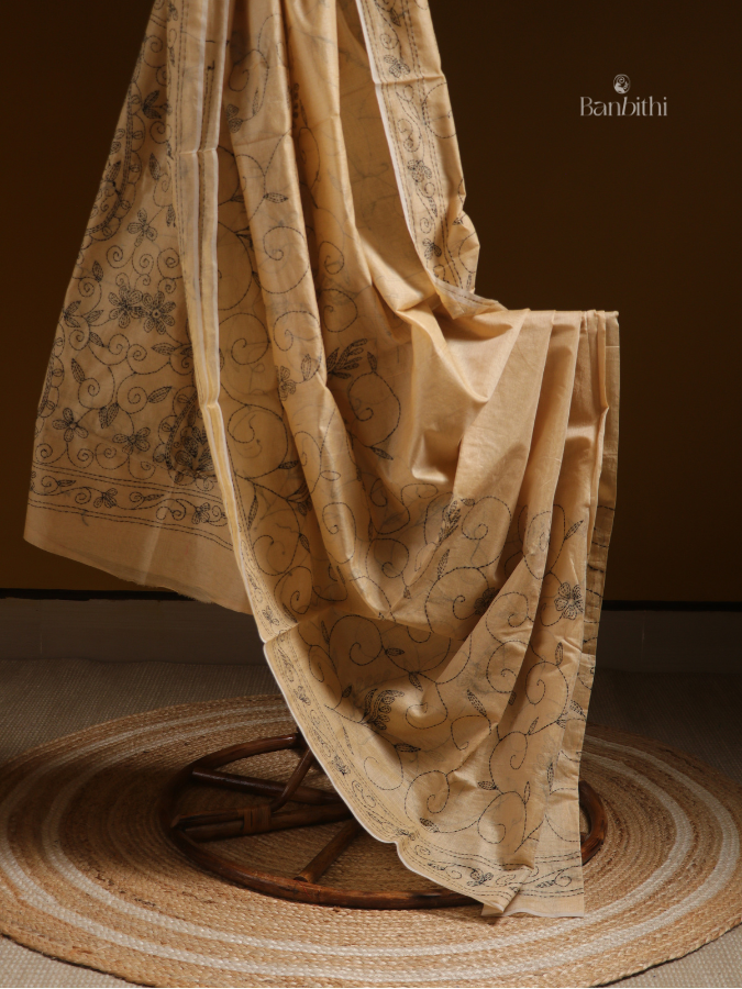 Ochre Yellow Hand Embroidery Saree