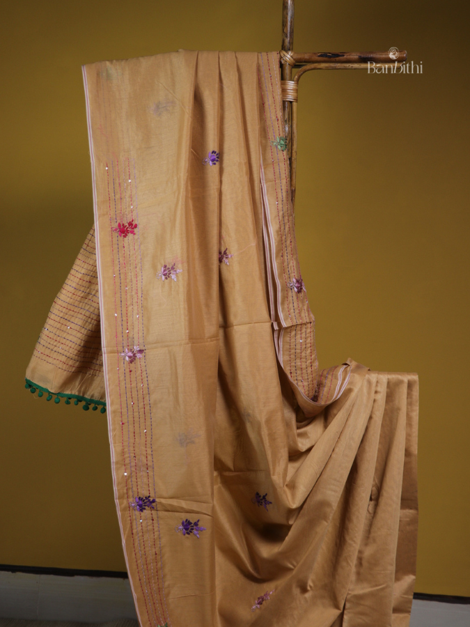 Mustard Yellow Hand Embroidery Saree