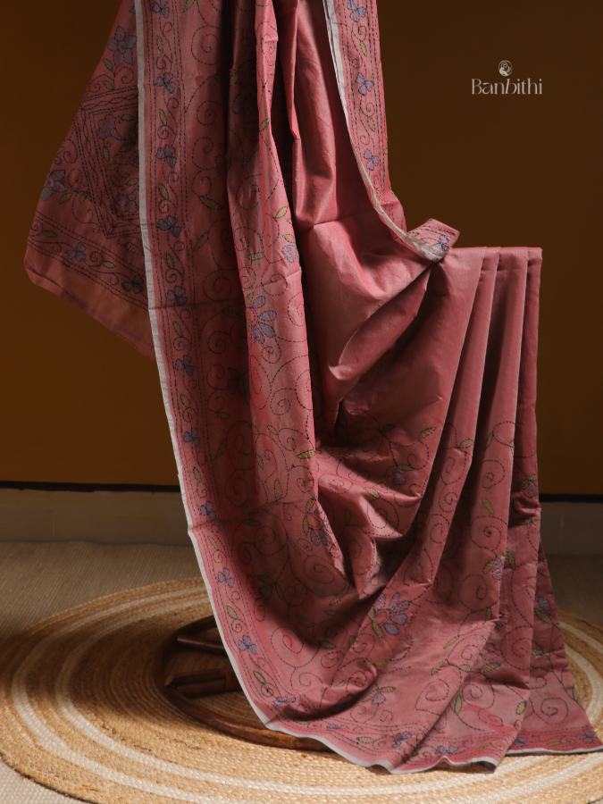 Reddish Brown Hand Embroidery Saree