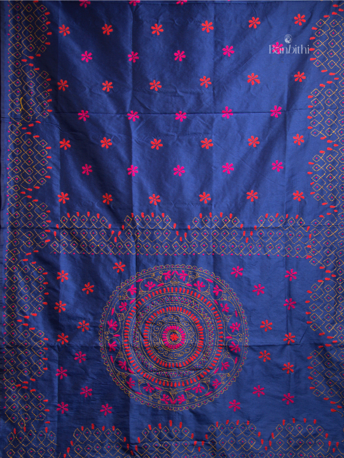 Hand Embroidered Saree – Blue with Pink Thread