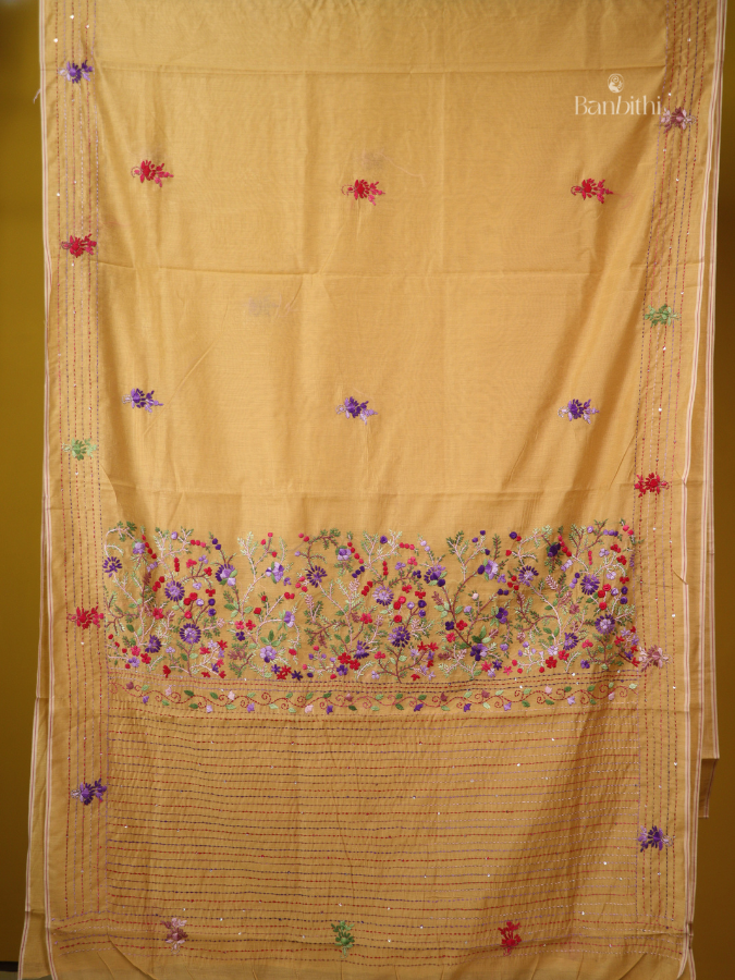 Mustard Yellow Hand Embroidery Saree