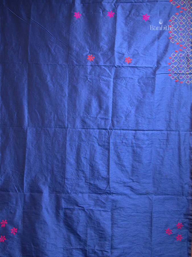 Hand Embroidered Saree – Blue with Pink Thread