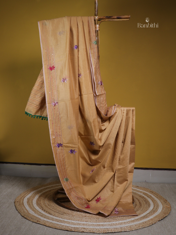 Mustard Yellow Hand Embroidery Saree