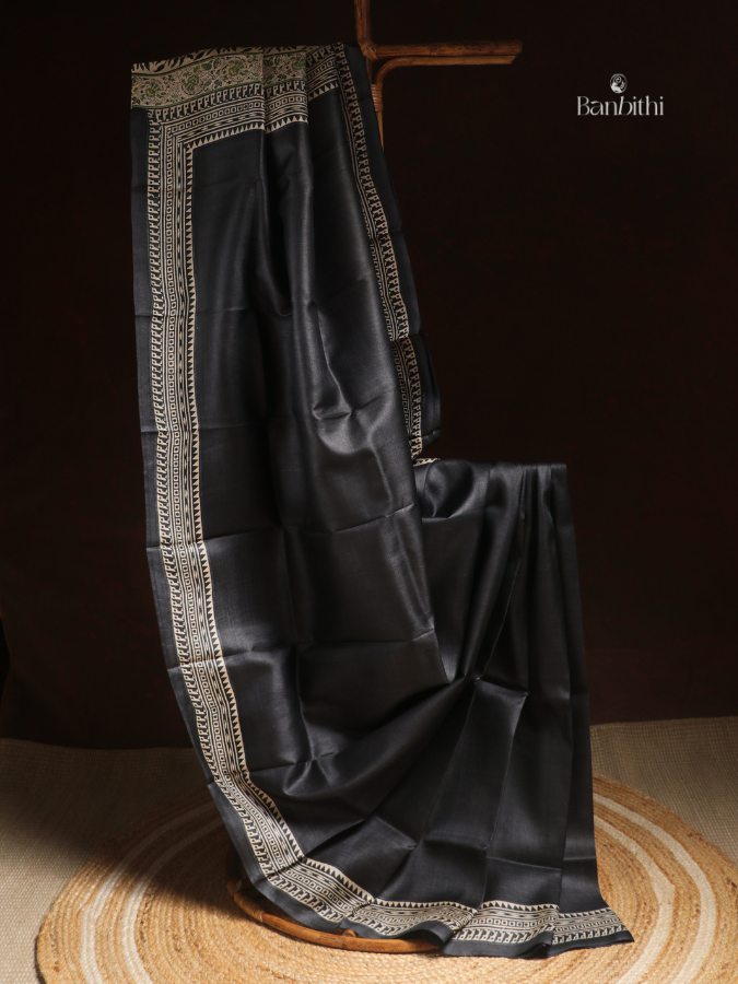 Tussar Silk Block Printed Saree – Black