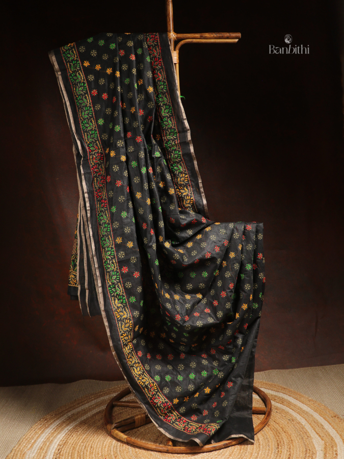 Hand Embroidered Saree – Black with Multicoloured Thread (Variant 2)