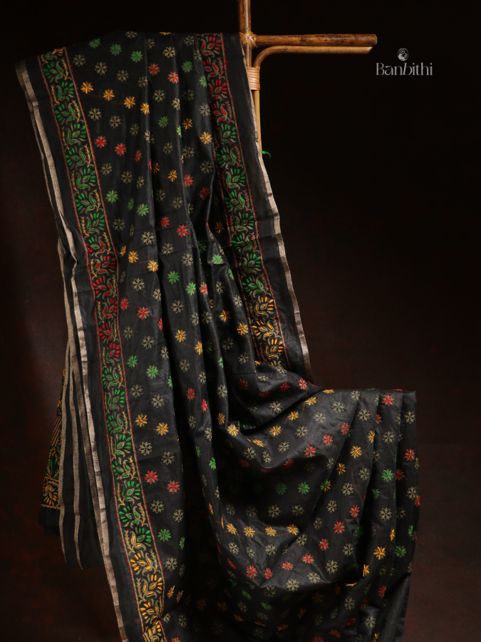 Hand Embroidered Saree – Black with Multicoloured Thread (Variant 2)