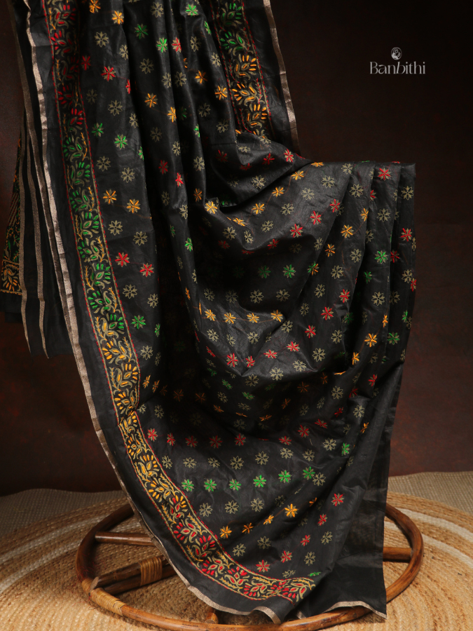 Hand Embroidered Saree – Black with Multicoloured Thread (Variant 2)