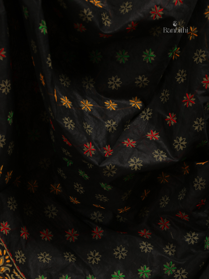 Hand Embroidered Saree – Black with Multicoloured Thread (Variant 2)