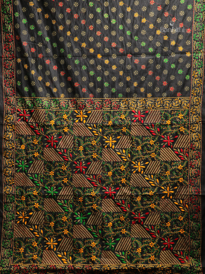 Hand Embroidered Saree – Black with Multicoloured Thread (Variant 2)