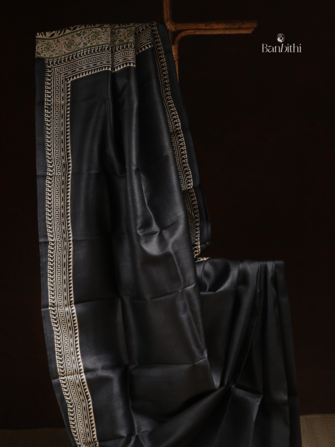 Tussar Silk Block Printed Saree – Black