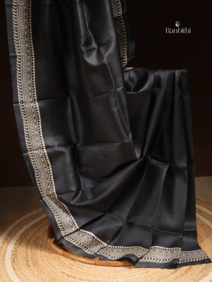 Tussar Silk Block Printed Saree – Black