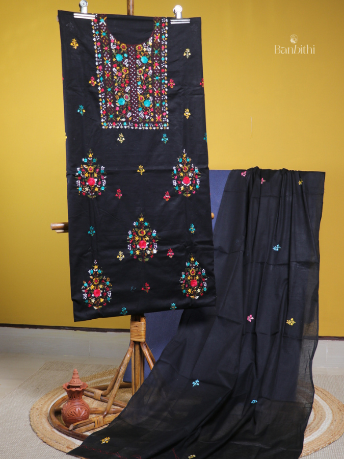 Hand Embroidered Cotton Suit Set – 3 Pcs (Black)