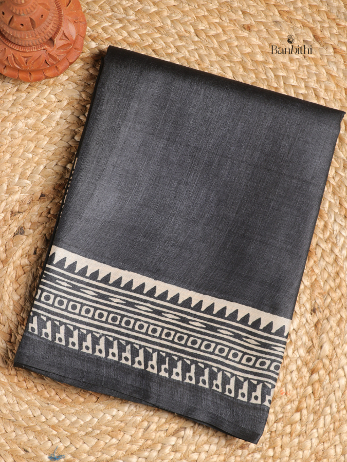 Tussar Silk Block Printed Saree – Black