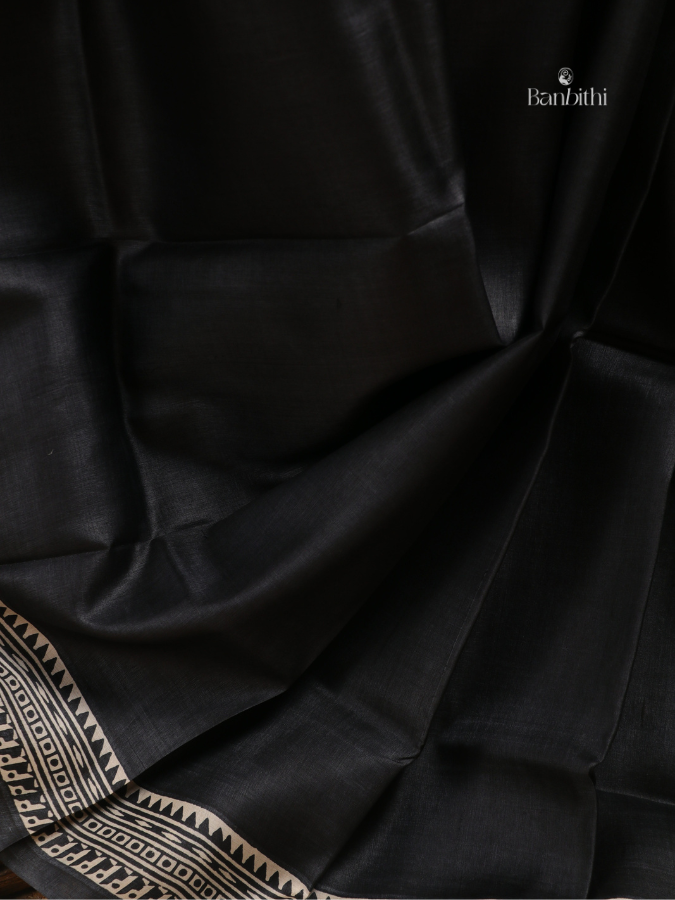 Tussar Silk Block Printed Saree – Black
