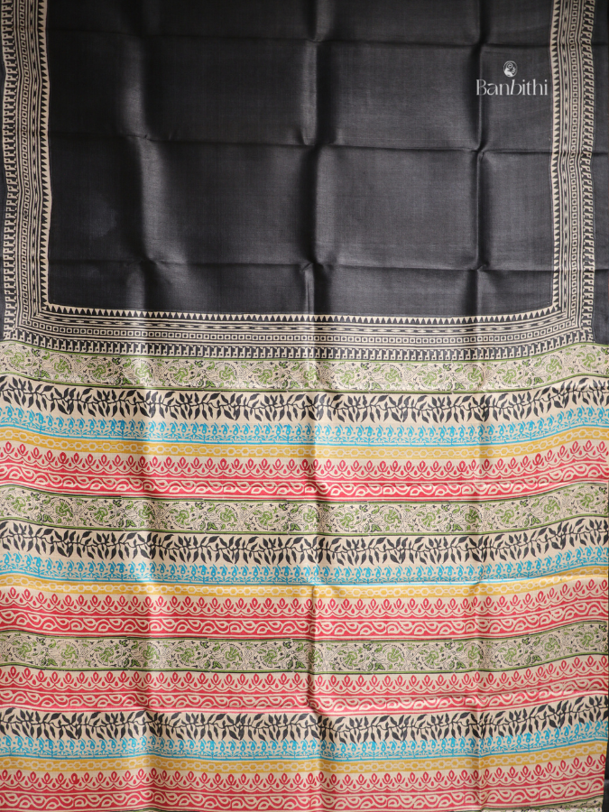 Tussar Silk Block Printed Saree – Black