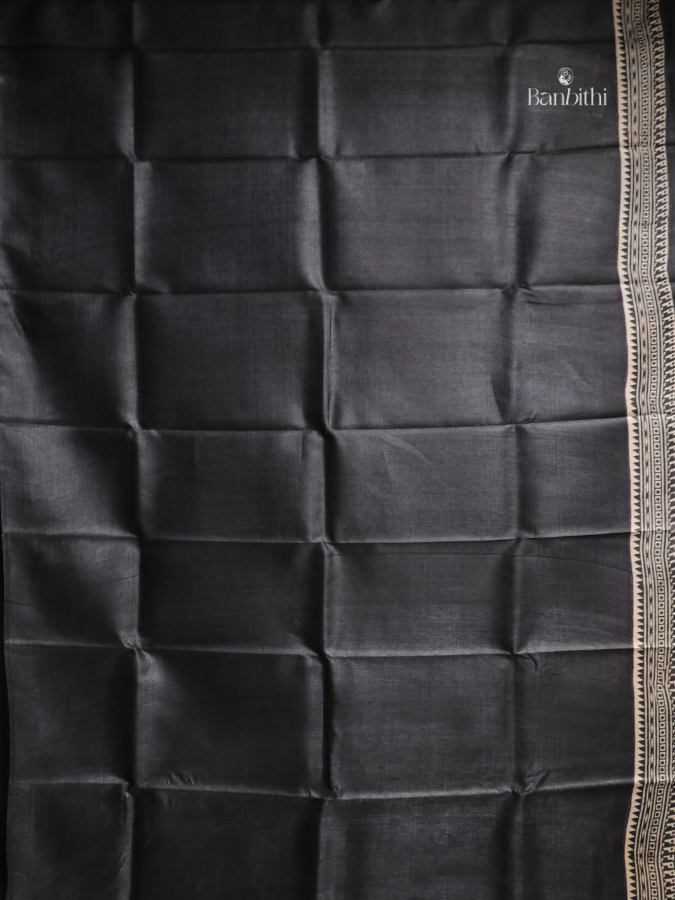 Tussar Silk Block Printed Saree – Black