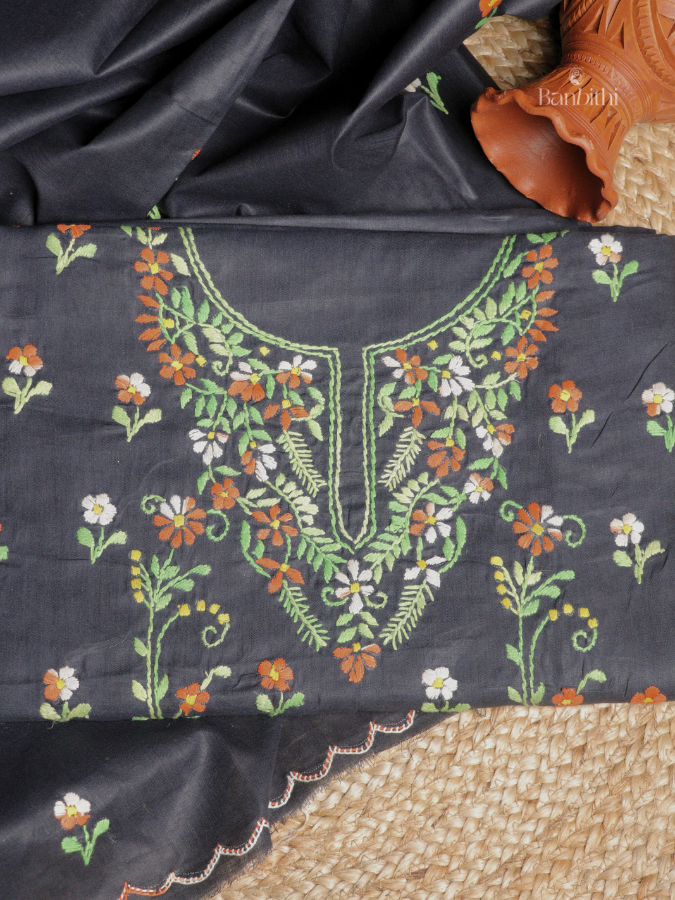 Hand Embroidered Cotton 3-Piece Suit Set – Black with Orange