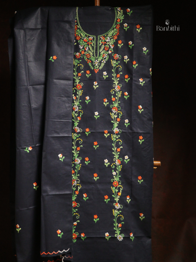 Hand Embroidered Cotton 3-Piece Suit Set – Black with Orange