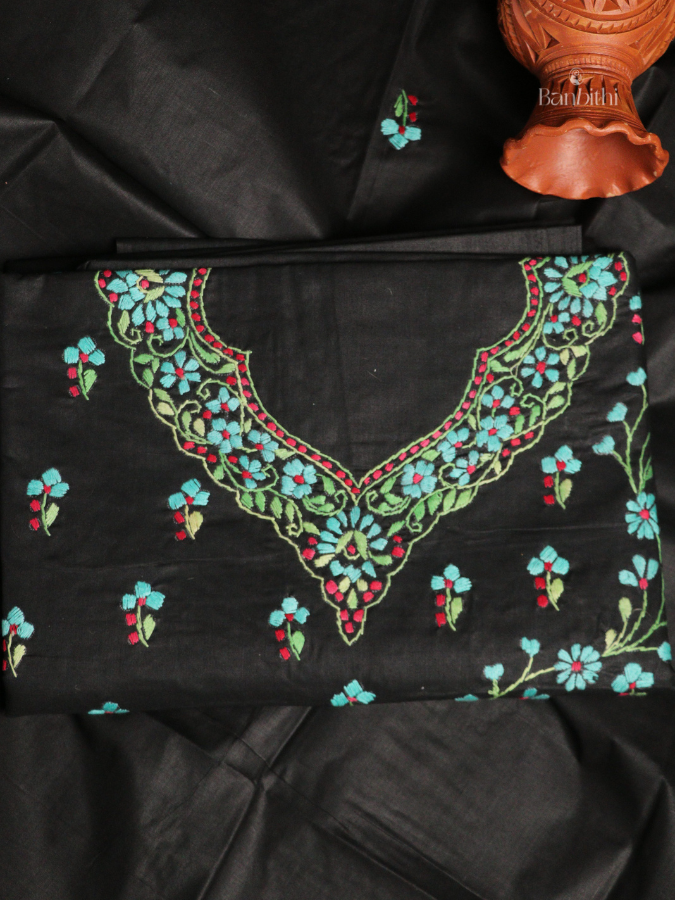 Hand Embroidered Cotton 3-Piece Suit Set – Black with Light Blue