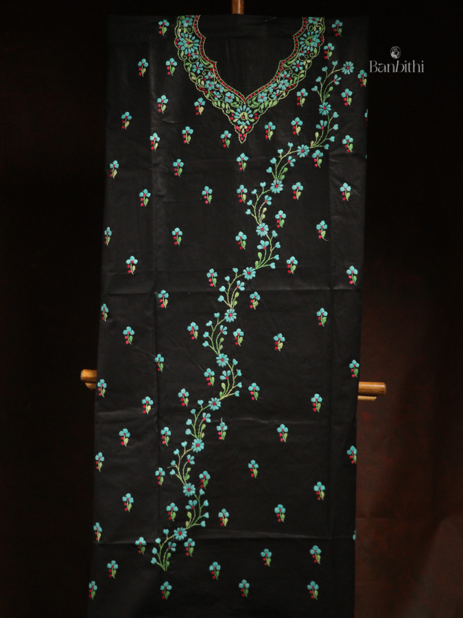 Hand Embroidered Cotton 3-Piece Suit Set – Black with Light Blue