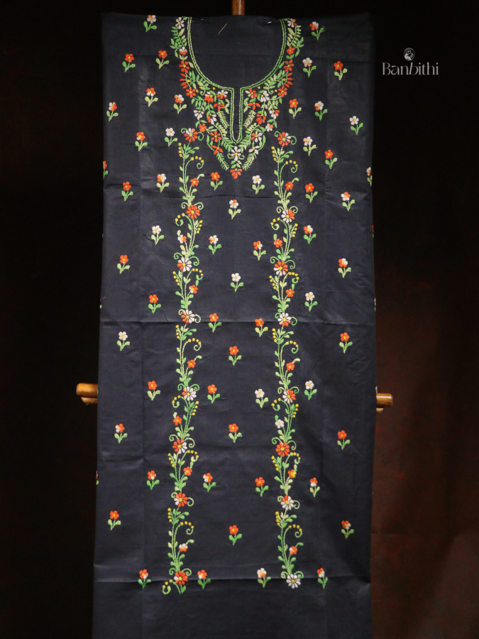 Hand Embroidered Cotton 3-Piece Suit Set – Black with Orange