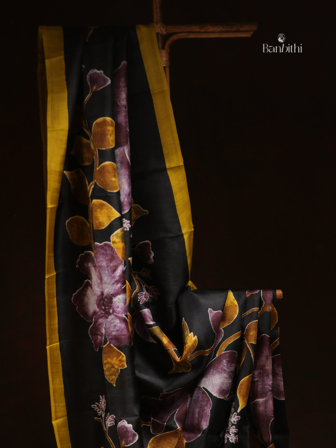 Murshidabad Silk Printed Saree – Black