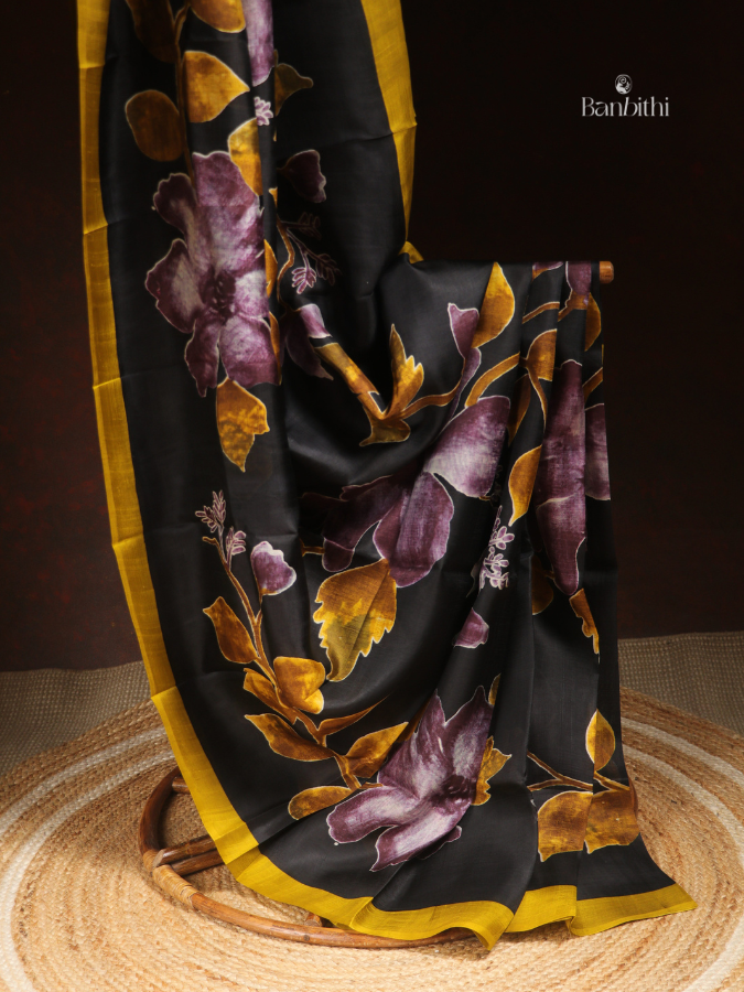 Murshidabad Silk Printed Saree – Black