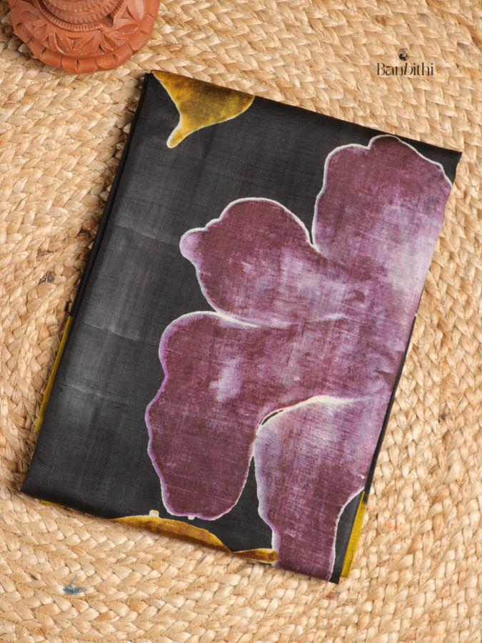 Murshidabad Silk Printed Saree – Black