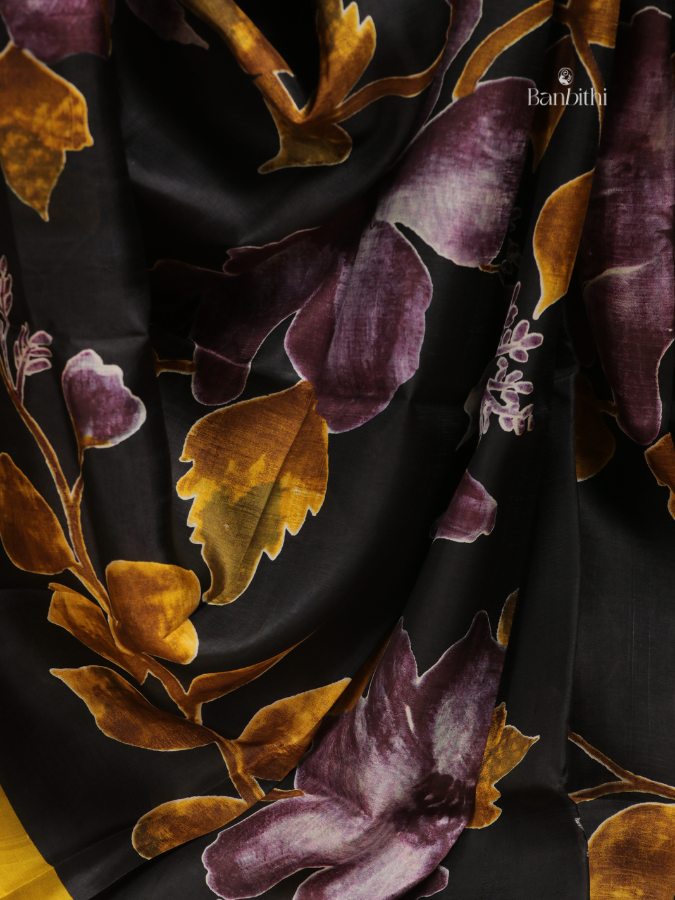 Murshidabad Silk Printed Saree – Black