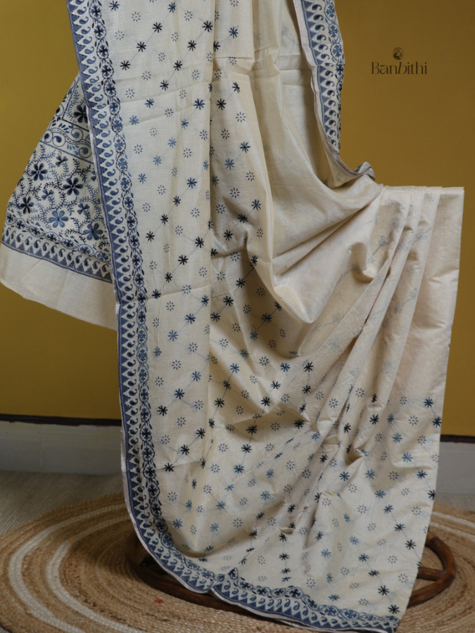 Off-White Black Thread Art SICO Chanderi Saree