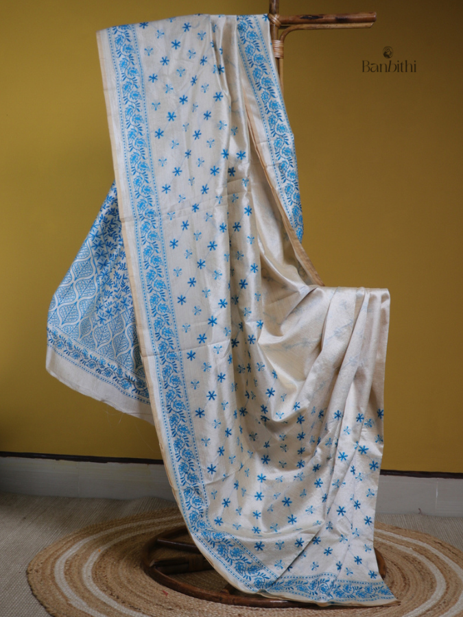 Classic Off-White Blue Stitch Chanderi Saree