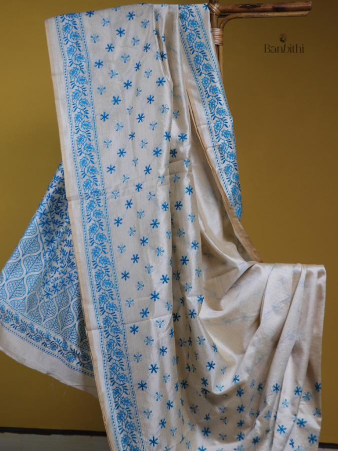 Classic Off-White Blue Stitch Chanderi Saree