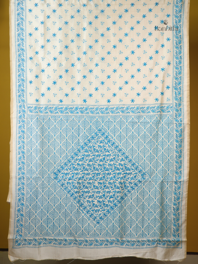 Classic Off-White Blue Stitch Chanderi Saree